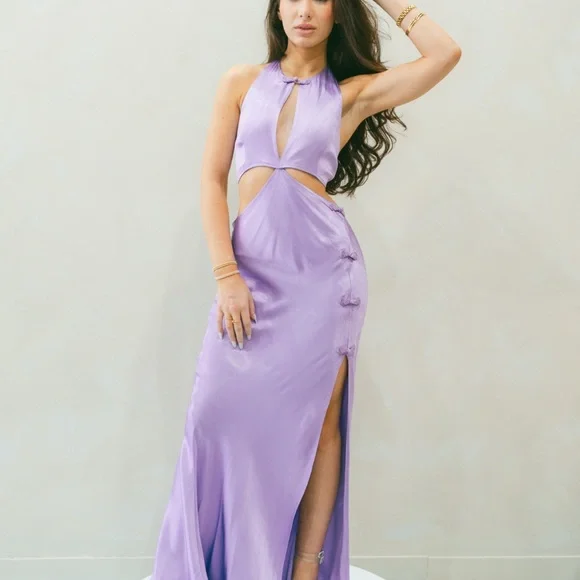 Sau Lee Salome Gown In Purple Satin High Slit Bow Halter Dress Size 4 - Picture 6 of 10